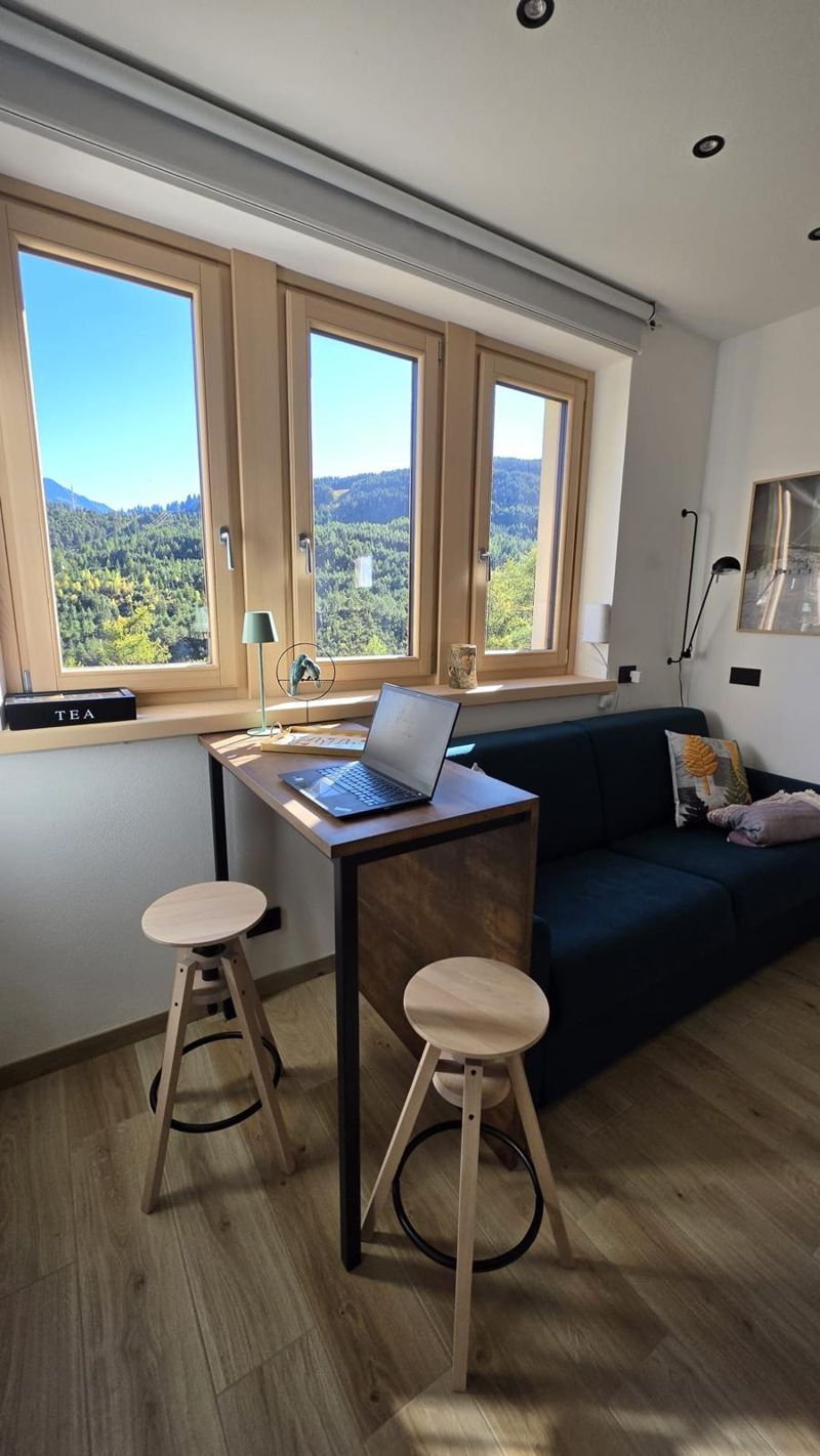 The countertop beneath the windows, looking out onto the woods