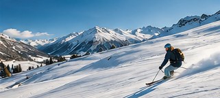 Skier descending between the mountains